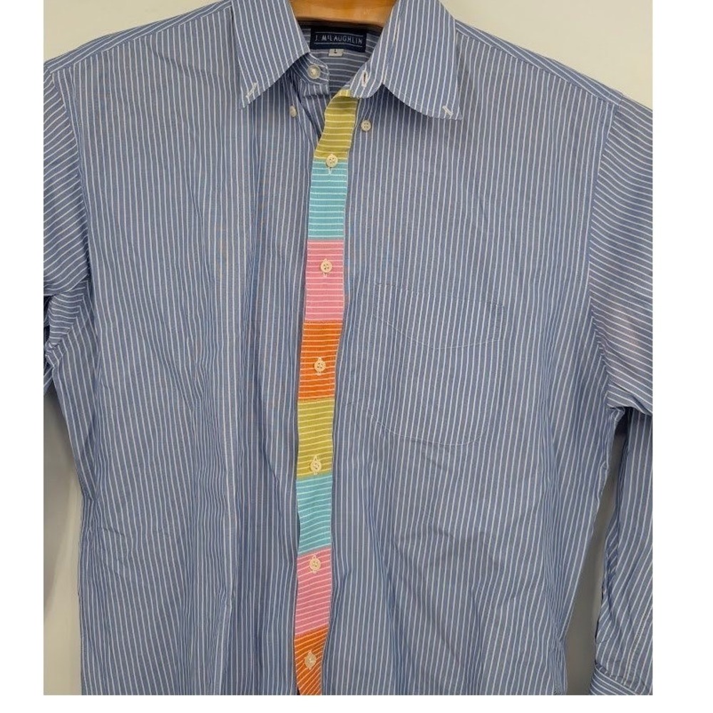 J. McLaughlin Flip Cup Classic Fit Button Front Shirt Stripe Multicolor Men L - Picture 2 of 6